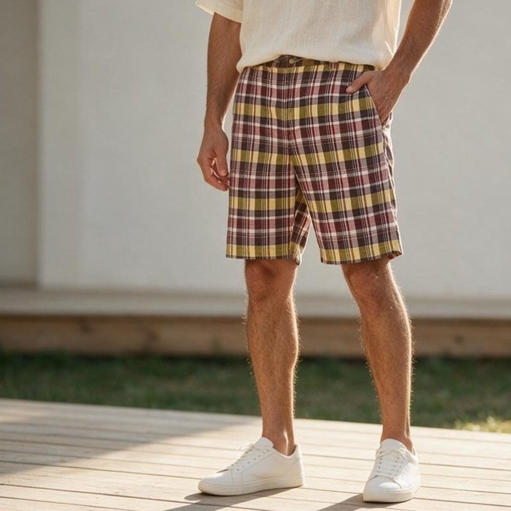 Sun River Chino Shorts Mens 38 Multicolor Plaid Cotton Flat Front High Rise